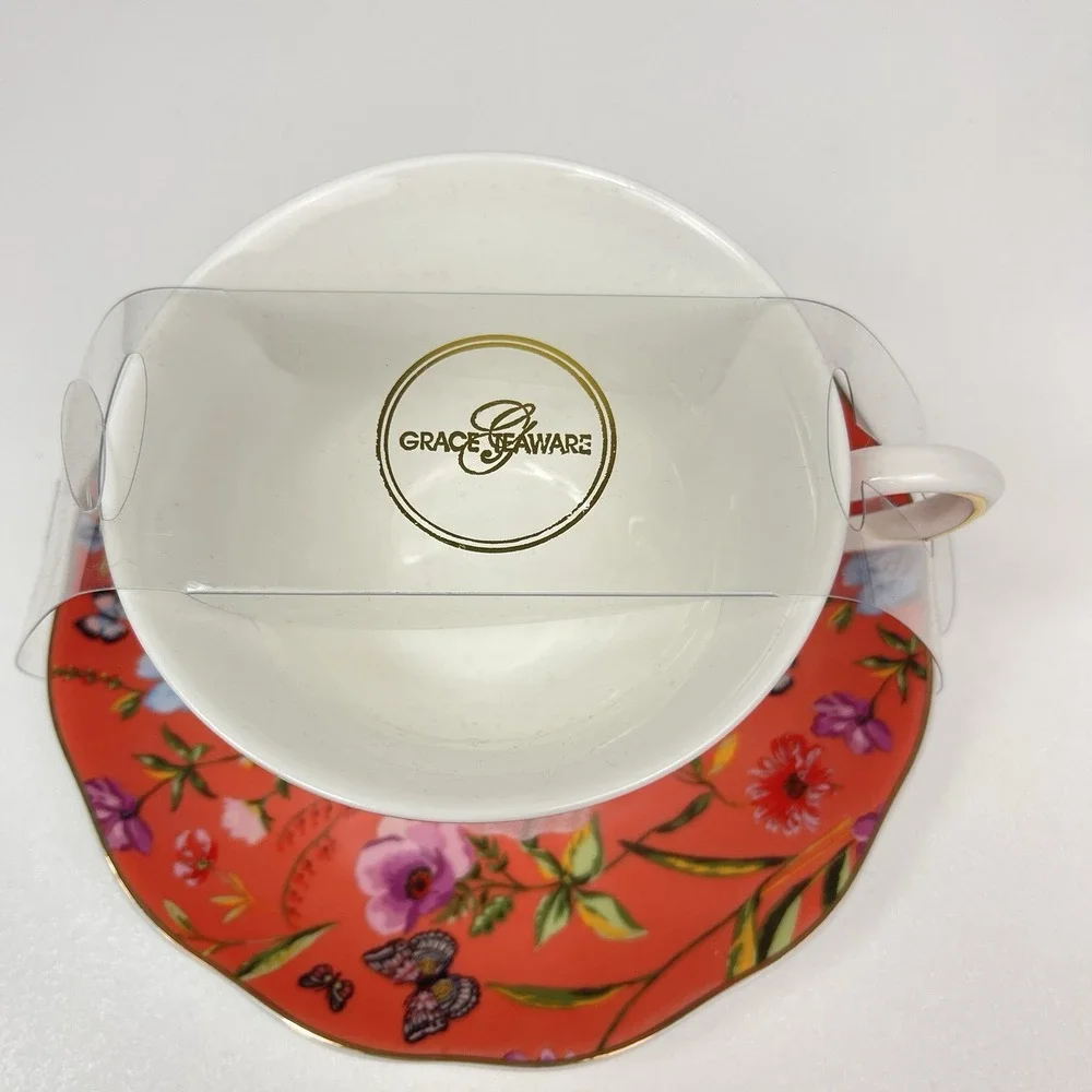 Grace Teaware Orange Floral Butterfly Teacup Saucer Set Gold Rim‎ Fine Porcelain